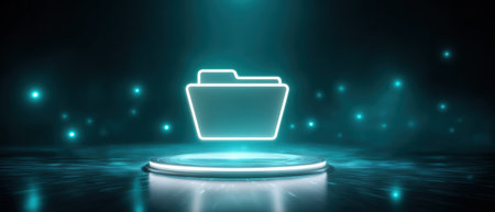 Neon folder icon hovering above platform glowing in blue light with data security feelの素材