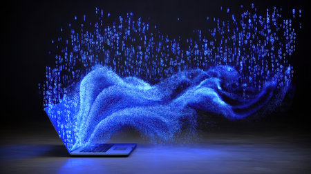 Data security visualization with blue digital particles flowing from laptop creating dynamicの素材