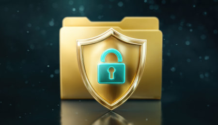 Gold folder shield with lock representing data security and digital protectionの素材