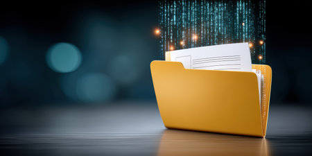 Digital file folder with glowing data security stream and documents in dark spaceの素材