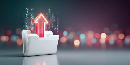 Secure data upload folder with glowing arrow and digital security lights in modern abstract sceneの素材