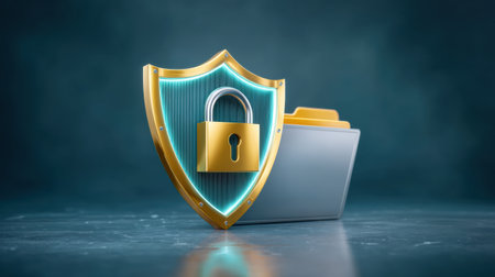 Secure shield with padlock guarding folder data security and privacy protectionの素材