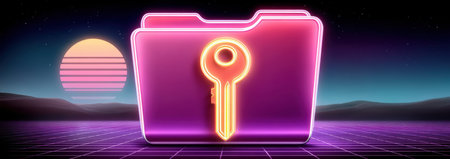 Neon folder key data security glowing retro cyber sunsetの素材