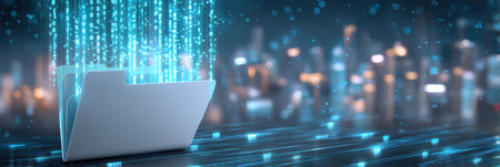 Digital folder with flowing binary data and security concept in futuristic city sceneの素材