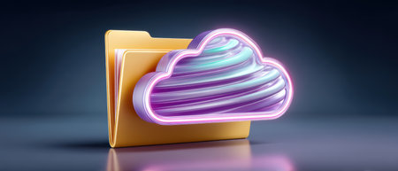 Cloud folder with glowing neon cloud symbol and data security concept in modern studioの素材