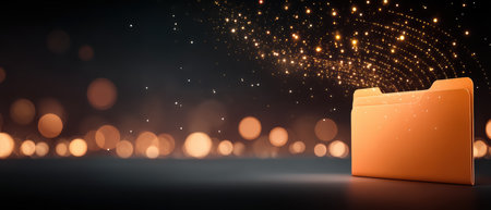 Secure data folder glowing with golden particle stream and bokeh lights evoking protectionの素材