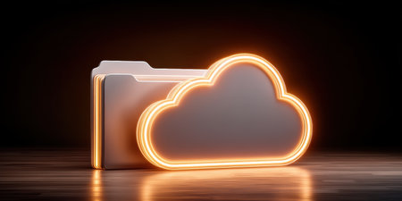 Cloud folder glowing neon icon symbolizes secure data storage and cloud security backupの素材