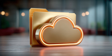 Gold folder with glowing cloud icon symbolizes data security and modern backup solutionの素材