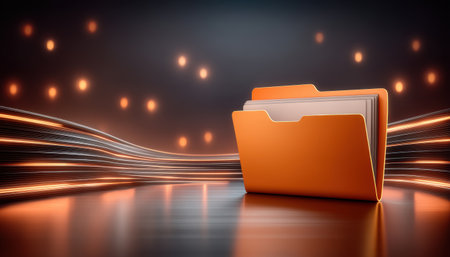 Orange folder on reflective surface with flowing light trails data security glowing atmosphereの素材