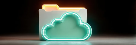 Cloud folder glowing neon icon conveys data security and modern cloud storage solutionの素材