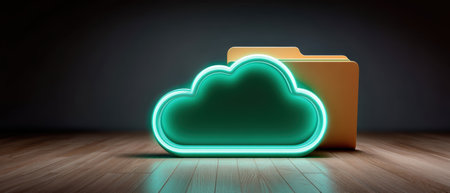 Neon cloud icon beside folder on wooden floor suggesting data security and modern storageの素材