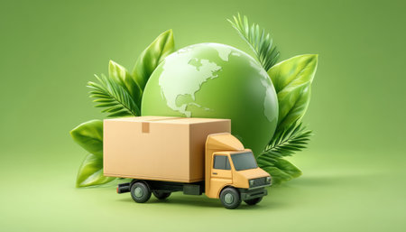 E commerce green globe delivery truck with cardboard box and leaves conveying eco friendlyの素材
