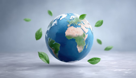 E commerce globe green earth concept with floating leaves promoting sustainable shoppingの素材