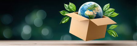 E commerce green globe packaging concept showing earth in cardboard box with leavesの素材