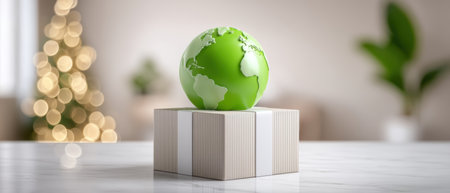 Green globe gift box symbolizes e commerce sustainability and holiday giving with warm cozy bokehの素材