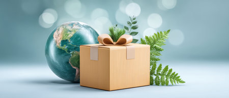 Eco friendly e commerce gift box with green globe and fern leaves conveying sustainable deliveryの素材
