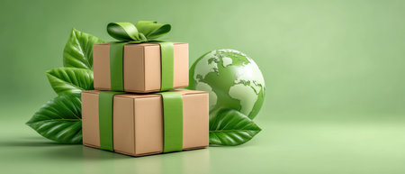 Eco friendly e commerce gift packaging with green ribbon and globe motif evoking sustainableの素材