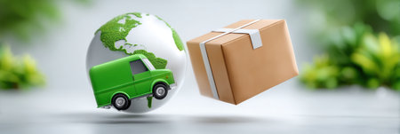 Green delivery concept globe and e commerce package conveying eco friendly shippingの素材