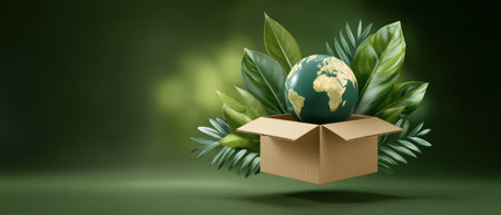 E commerce green globe concept with cardboard box and tropical leaf background inspiring ecoの素材