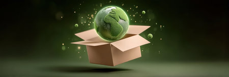 Green globe rising from open box e commerce packaging concept with eco textureの素材