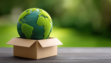 Eco globe e commerce concept with green moss world rising from box inspiring sustainabilityの素材
