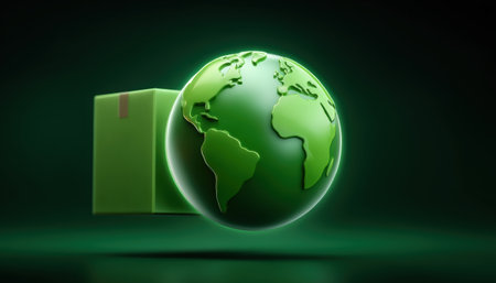 E commerce green globe delivery concept with eco friendly parcel and glowing worldの素材