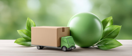 Eco e commerce green globe delivery concept with cardboard box and small truck promotingの素材