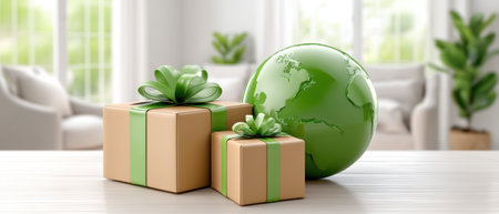 Green globe and e commerce gift boxes on wooden table for sustainable celebrationの素材