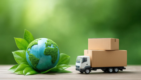 E commerce green globe concept with eco friendly shipping and cardboard boxes on truckの素材
