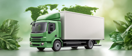 Green e commerce delivery truck with globe foliage background evoking sustainable shippingの素材