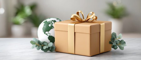E commerce green globe gift box with golden ribbon marble surface evoking sustainable celebrationの素材
