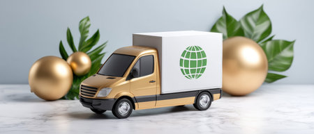 E commerce green globe delivery truck marble with leaves and gold ornaments conveyingの素材