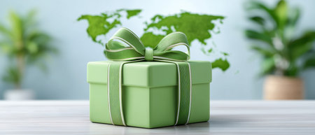 Green gift box with ribbon table promoting e commerce green globe sustainability and celebrationの素材