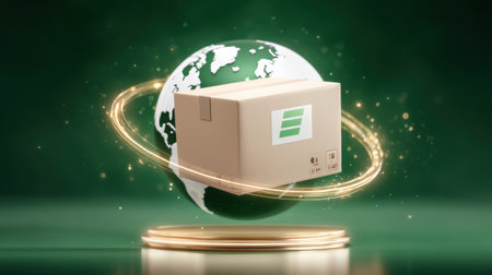 E commerce green globe with cardboard package orbiting planet emitting golden lightの素材