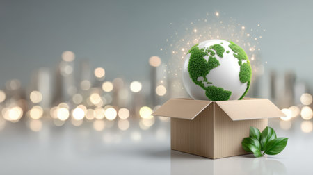 Green globe e commerce concept with cardboard box and leaves glowing sustainablyの素材
