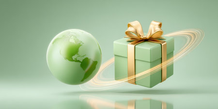 Green globe e commerce gift box with gold ribbon symbolizing sustainable shopping and joyfulの素材