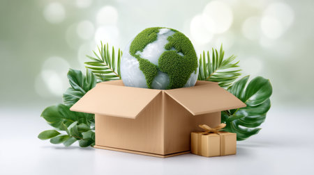 Eco friendly e commerce green globe concept with moss earth in cardboard boxの素材