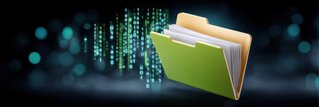 Cybersecurity file folder with digital data stream and glowing code dark background conveyingの素材