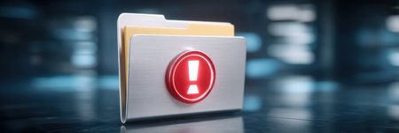 Alert folder on reflective surface warning sign cybersecurity protection digital file riskの素材