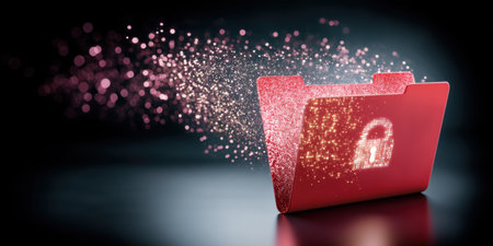 Cybersecurity digital file folder with lock icon glowing and particles conveying data protectionの素材