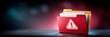 Red folder with warning symbol and documents representing cybersecurity risk and data protectionの素材