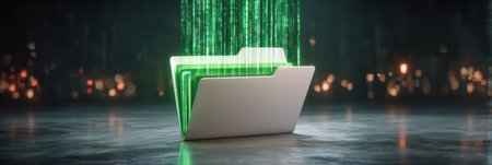 Cybersecurity digital file folder with glowing data stream conveying secure information flowの素材