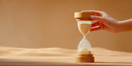 Modern lifestyle hourglass on wooden table with hand turning sand timer evoking calm reflectionの素材