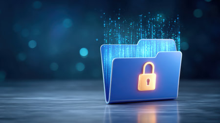 Data security concept glowing folder with lock icon and streaming code in blue lightの素材