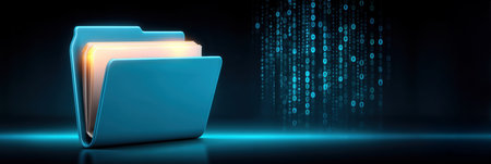 Digital folder with glowing files and flowing binary data representing data securityの素材