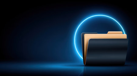 Secure data folder glowing in neon ring with digital security conceptの素材