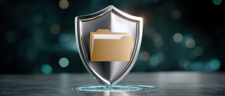Secure data security file folder shield icon glowing interfaceの素材