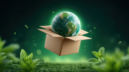 E commerce green globe packaging concept with floating Earth above cardboard box inspiringの素材