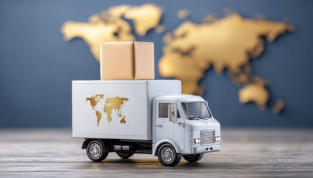 E commerce green globe delivery truck with cardboard box and world map backdrop conveying ecoの素材