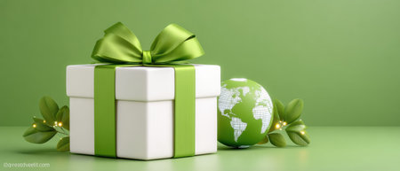 Green gift box and globe evoke e commerce sustainability and eco friendly celebrationの素材